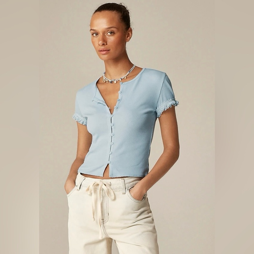 NWT J. Crew Fine Rib Crochet-Trim Short Sleeve Cardigan in Light Blue, CK296, M